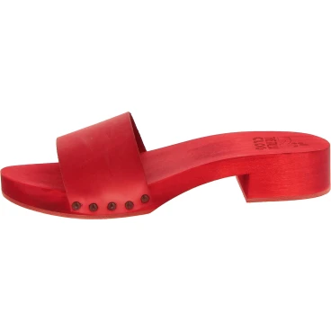 Sabot mule pour femme rouge en bois avec bande en cuir