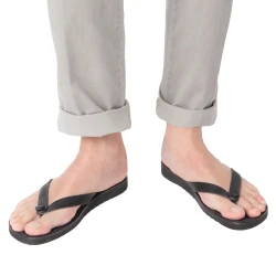 Tongs homme en cuir noir avec semelle en caoutchouc épais