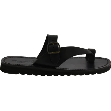 Handmade thong slippers in black leather with buckle