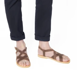 Tongs sandales hommes en cuir nubuck marron foncé faits à la main