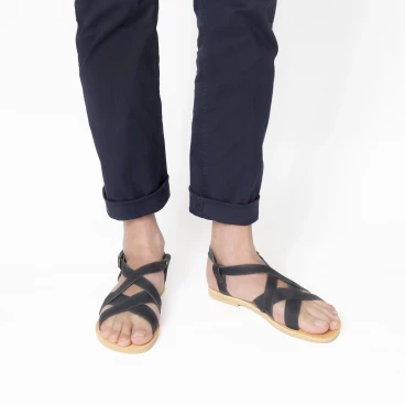 Tongs sandales hommes en cuir nubuck blue faits à la main