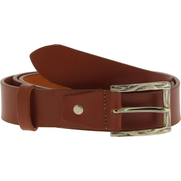 Genuine brown leather belt with classic rectangular metal buckle
