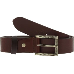 Genuine dark brown leather belt with classic rectangular metal buckle