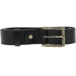Genuine black leather belt with classic rectangular metal buckle