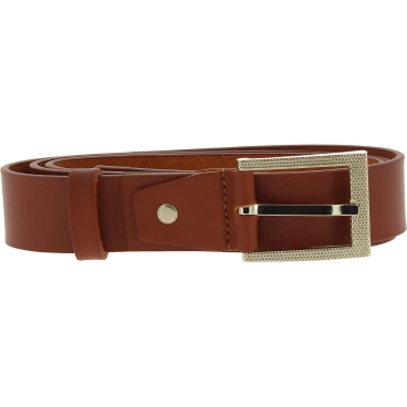 Genuine brandy leather belt with classic rectangular metal buckle