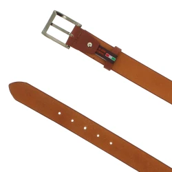 Genuine brown leather belt with classic rectangular metal buckle