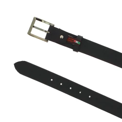 Genuine black leather belt with classic rectangular metal buckle