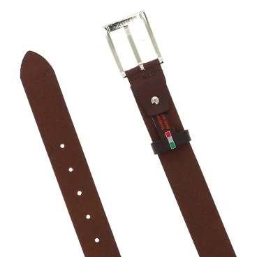 Genuine dark brown leather belt with classic rectangular metal buckle