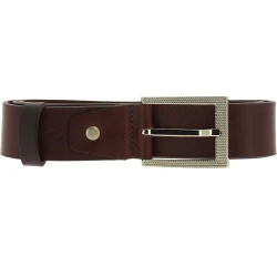 Genuine dark brown leather belt with classic rectangular metal buckle