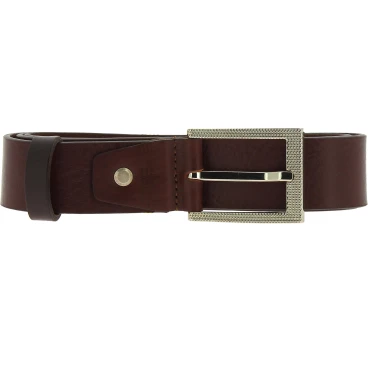 Genuine dark brown leather belt with classic rectangular metal buckle