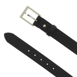 Genuine black leather belt with classic rectangular metal buckle