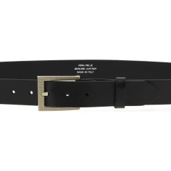 Genuine black leather belt with classic rectangular metal buckle