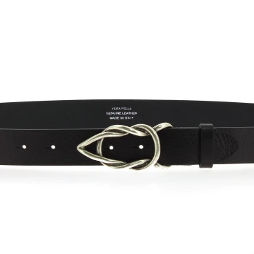 Black bull leather belt with casual metal buckle