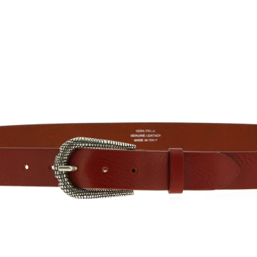 Brown leather belt with metal scaled buckle