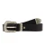 Black leather belt with engraved metal buckle and tip