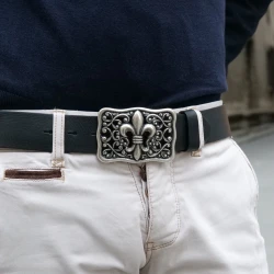 Handcrafted black leather belt with Florentine lily buckle