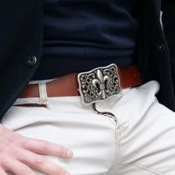 Handcrafted brown leather belt with Florentine lily buckle