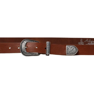 Tan leather western belt for women with metal buckle and tip