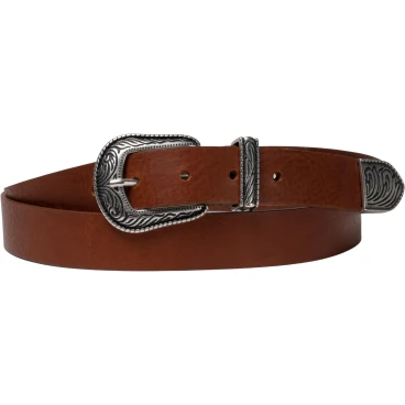 Tan leather western belt for women with metal buckle and tip