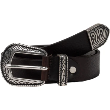 Dark brown leather western belt for women with metal buckle and tip