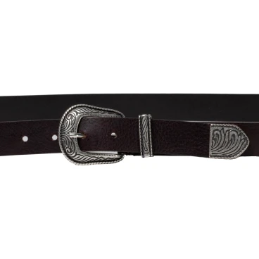 Dark brown leather western belt for women with metal buckle and tip