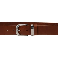Handmade tan leather belt with metal buckle and loop