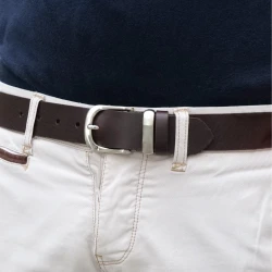 Handmade dark brown leather belt with metal buckle and loop