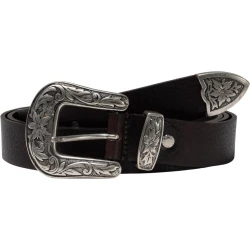 Dark brown leather western belt for women with metal buckle engraved