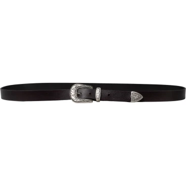 Dark brown leather western belt for women with metal buckle engraved