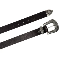 Dark brown leather western belt for women with metal buckle engraved