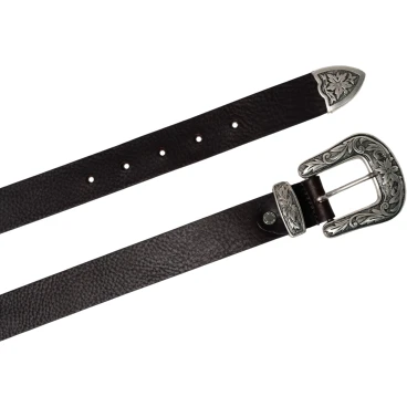 Ceinture western en cuir marron foncé pour femme avec boucle gravé