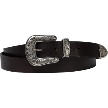 Dark brown leather western belt for women with metal buckle engraved