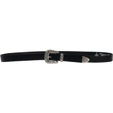Black leather western belt for women with metal buckle engraved