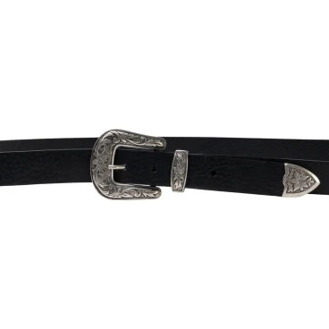 Black leather western belt for women with metal buckle engraved