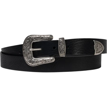 Black leather western belt for women with metal buckle engraved