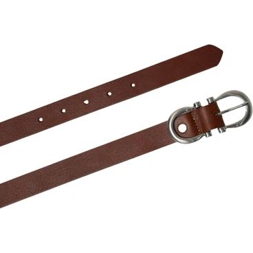 Genuine brandy leather belt with classic rectangular metal buckle