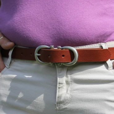 Genuine brandy leather belt with classic rectangular metal buckle