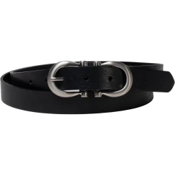 Handmade black leather belt with metal figure eight buckle