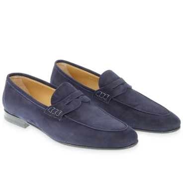 Mocasín Penny en ante azul hecho a mano por Fratelli Borgioli
