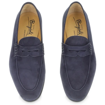 Mocasín Penny en ante azul hecho a mano por Fratelli Borgioli