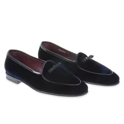 Mocassin belge en velours bleu foncé et cuir verni fait main par Fratelli Borgioli
