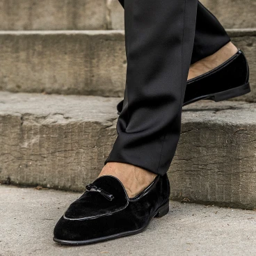 Belgian loafer in black velvet and patent leather handmade by Fratelli Borgioli