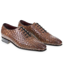 Oxford-Schuhe aus braunem Leder, gewebt und handgefärbt von Fratelli Borgioli