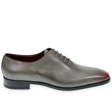 Herren-Oxford-Schuhe aus handgefärbtem grauem Leder mit burgunderroten Farbtönen