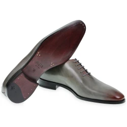 Scarpe Oxford da uomo in pelle grigia tinta a mano con sfumature bordò
