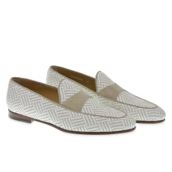 Penny loafer in white and beige suede and woven fabric