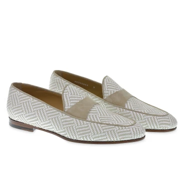 Mocassin Penny en daim et tissu tressé blanc et beige