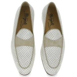 Penny loafer in white and beige suede and woven fabric
