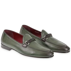 Mocasín de hombre de piel verde con trabilla trenzada