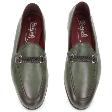 Green leather men's moccasin with braided loop